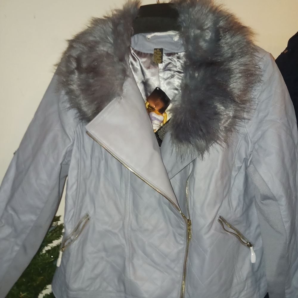 Elegant Gray Faux Fur Collar Women's Jacket